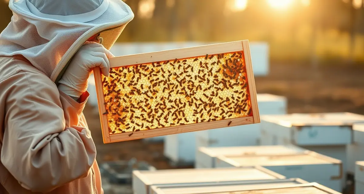 Alabama beekeeper inspecting hive frame for varroa mites using tracking software management system