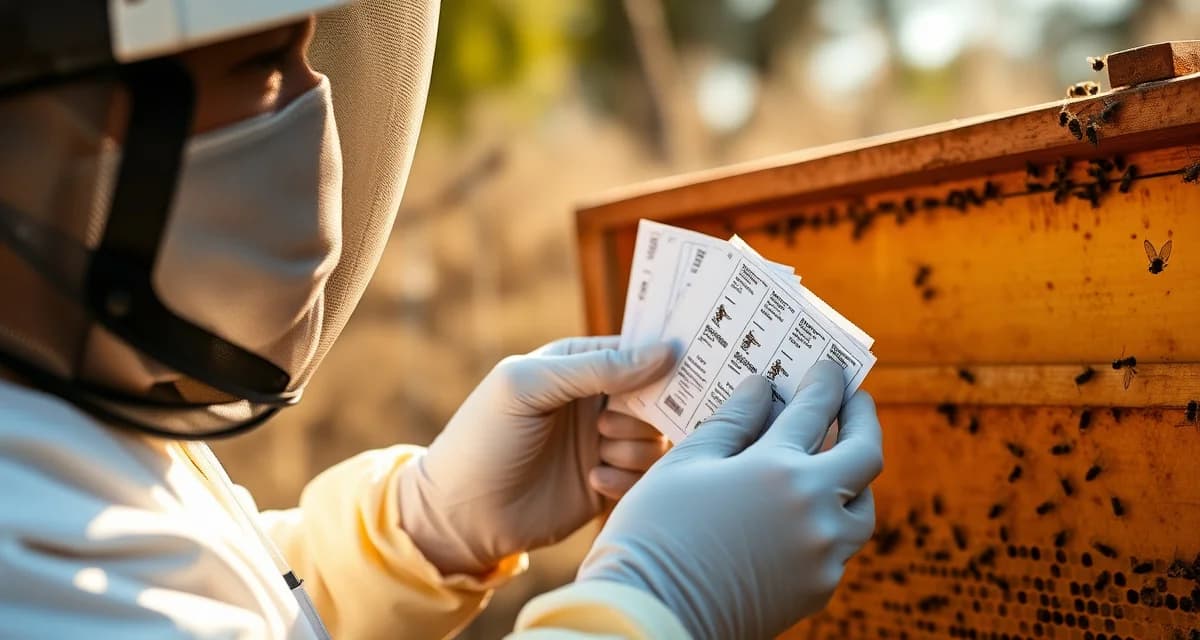 Beekeeper wearing protective equipment handling Apivar strips during varroa mite treatment application