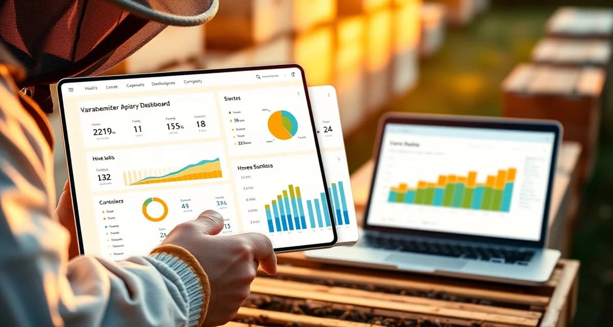 Apiary management software comparison dashboard showing varroa mite tracking metrics and hive health data on tablet and laptop displays