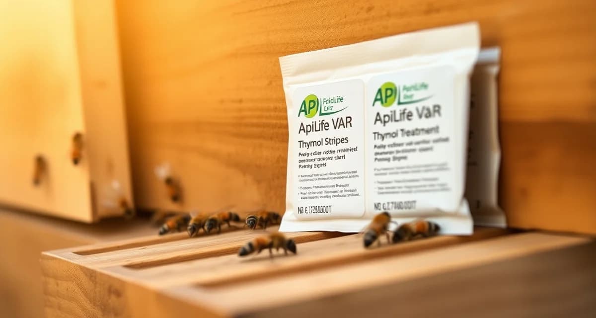 ApiLife Var thymol strips applied to beehive frame for varroa mite treatment during warm season beekeeping