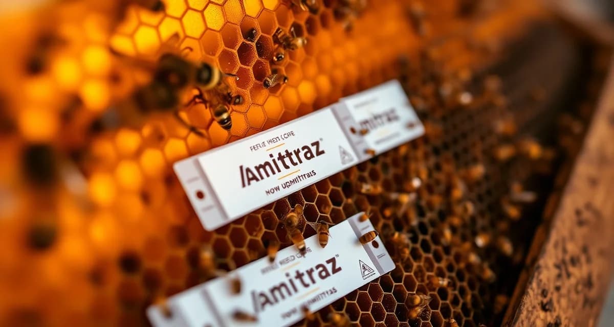 Proper Apivar amitraz strip placement between honeycomb frames in beehive for varroa mite treatment and control