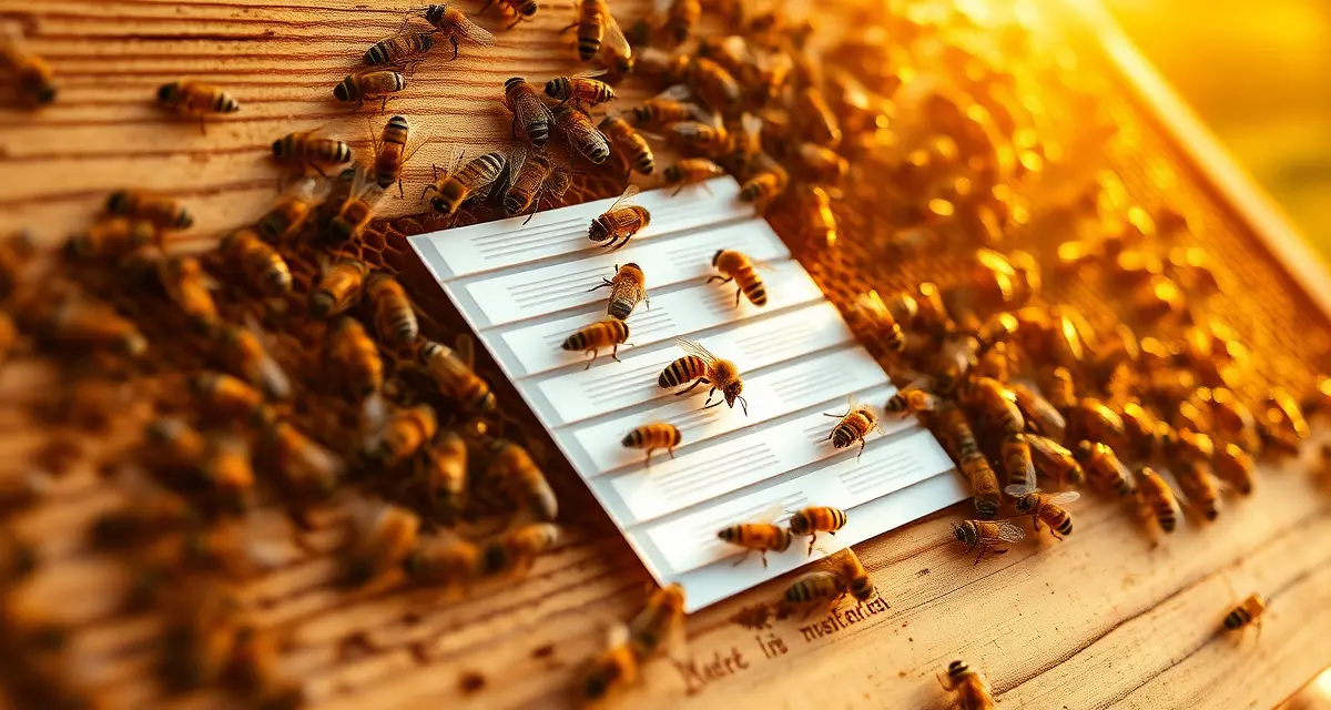 Apivar amitraz strips correctly applied to beehive frame demonstrating proper varroa mite treatment technique for beekeepers