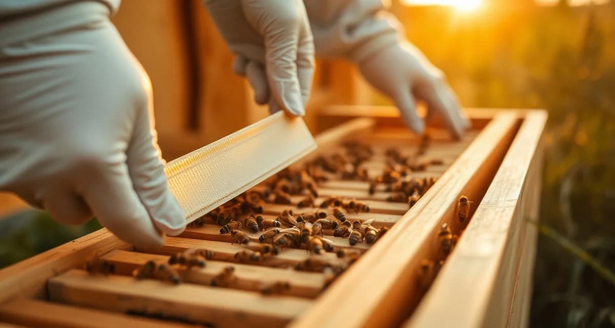 Apivar amitraz treatment strip being placed in honeybee hive for varroa mite control with pre-harvest interval timing.