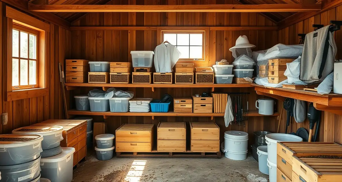 Organized beekeeping equipment including sanitized frames and hive tools properly stored to prevent varroa mite transfer between apiaries