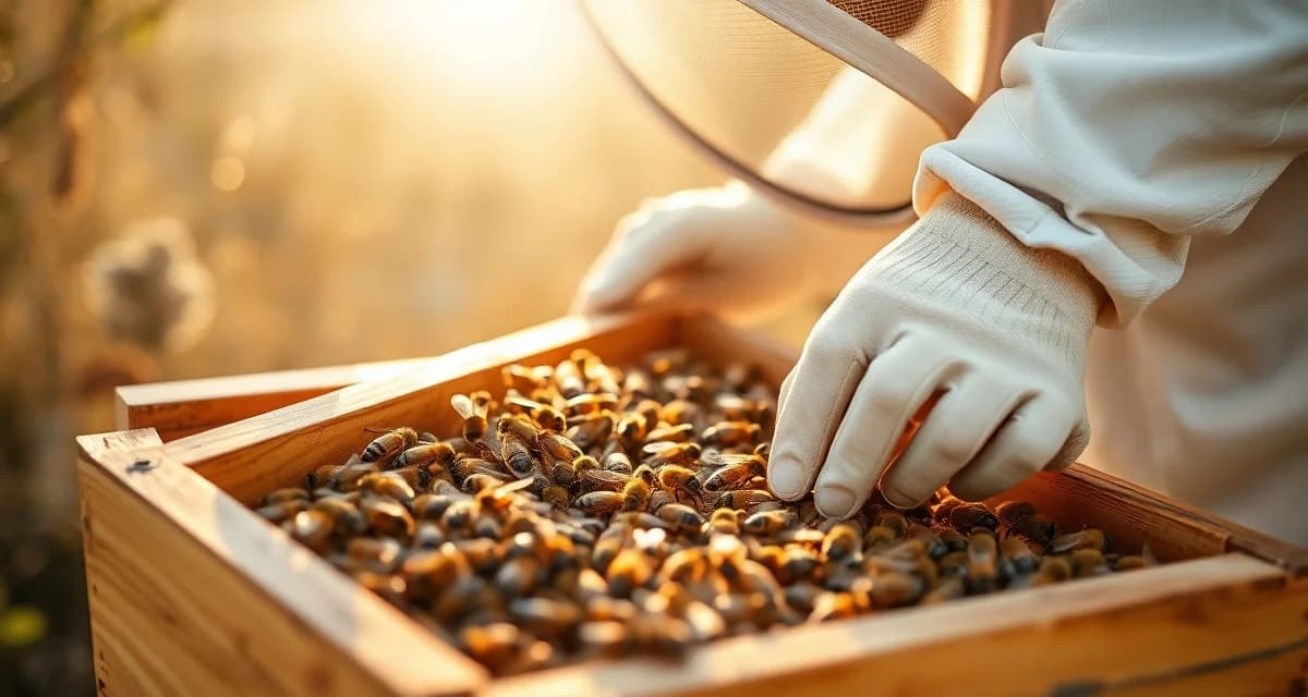 Beekeeper inspecting hive frame for varroa mite management and treatment tracking with professional monitoring tools
