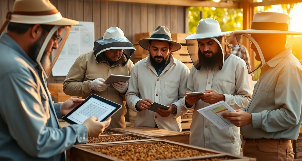 Beekeeping association members collaborating on varroa mite tracking and hive management using VarroaVault digital tools