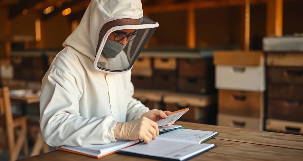 Beekeeper reviewing state-mandated beekeeping records and varroa mite tracking documentation at apiary desk with inspection forms