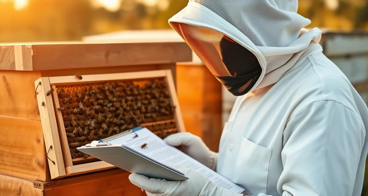 Beekeeper reviewing varroa treatment records and insurance documentation next to active beehive for compliance