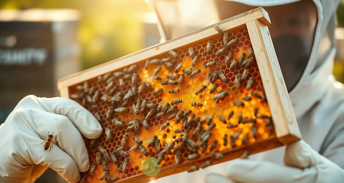 Beekeeper holding and inspecting a frame to assess colony strength, brood pattern, and bee population during hive inspection.