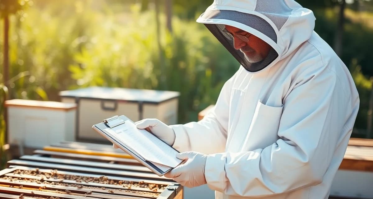 Commercial beekeeper reviewing digital inspection records and organized documentation for state apiary inspection preparation