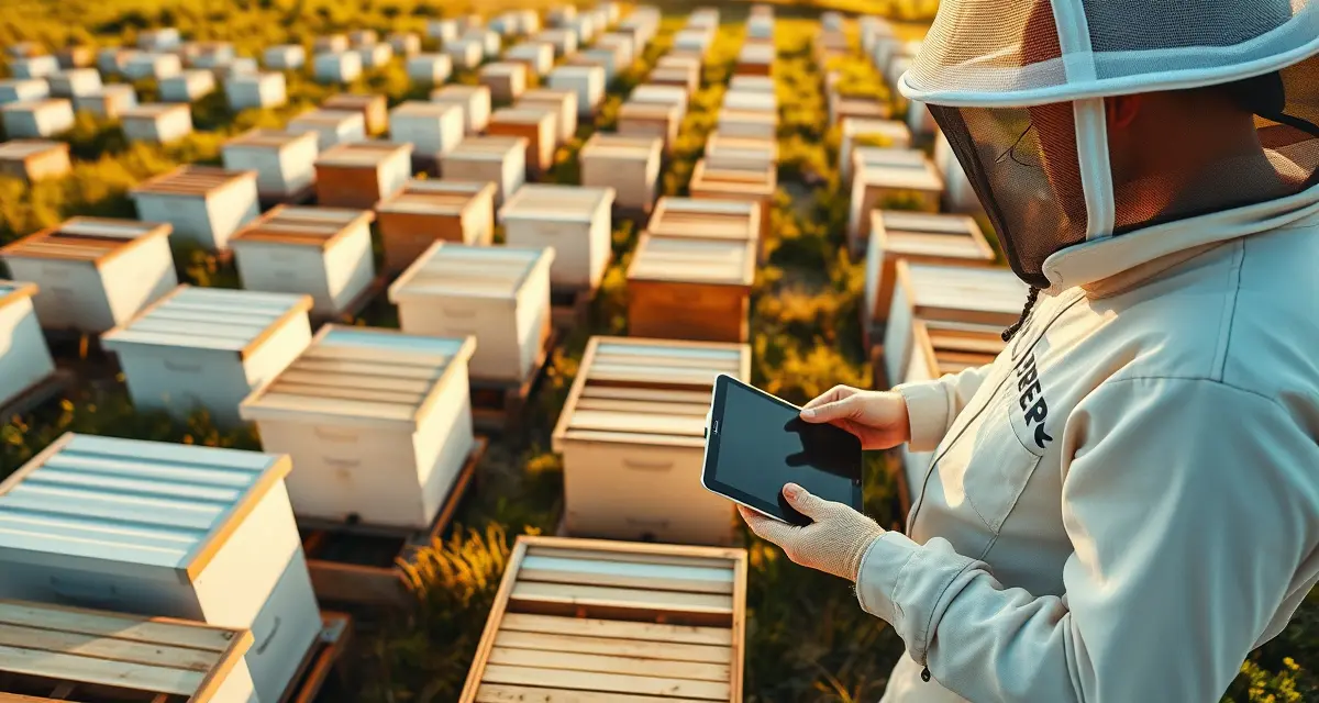 Commercial beekeeper managing multiple hive boxes with digital records for varroa mite tracking and treatment scheduling