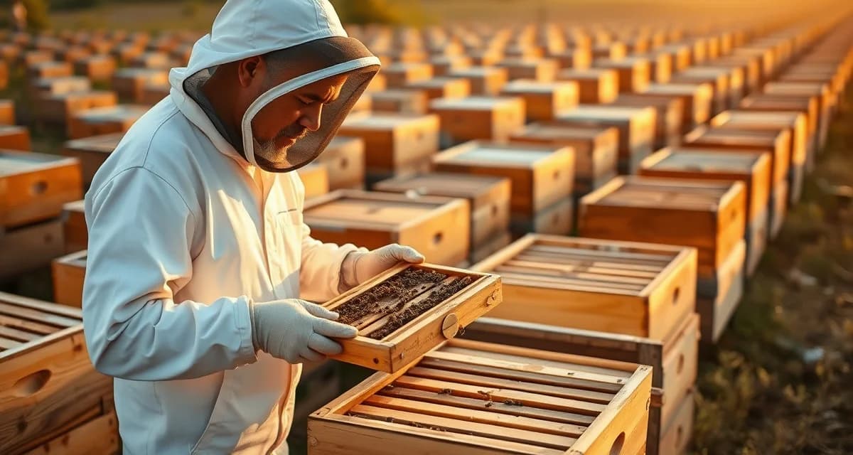 Commercial beekeeper inspecting multiple hive boxes in large-scale apiary operation with organized hive yards