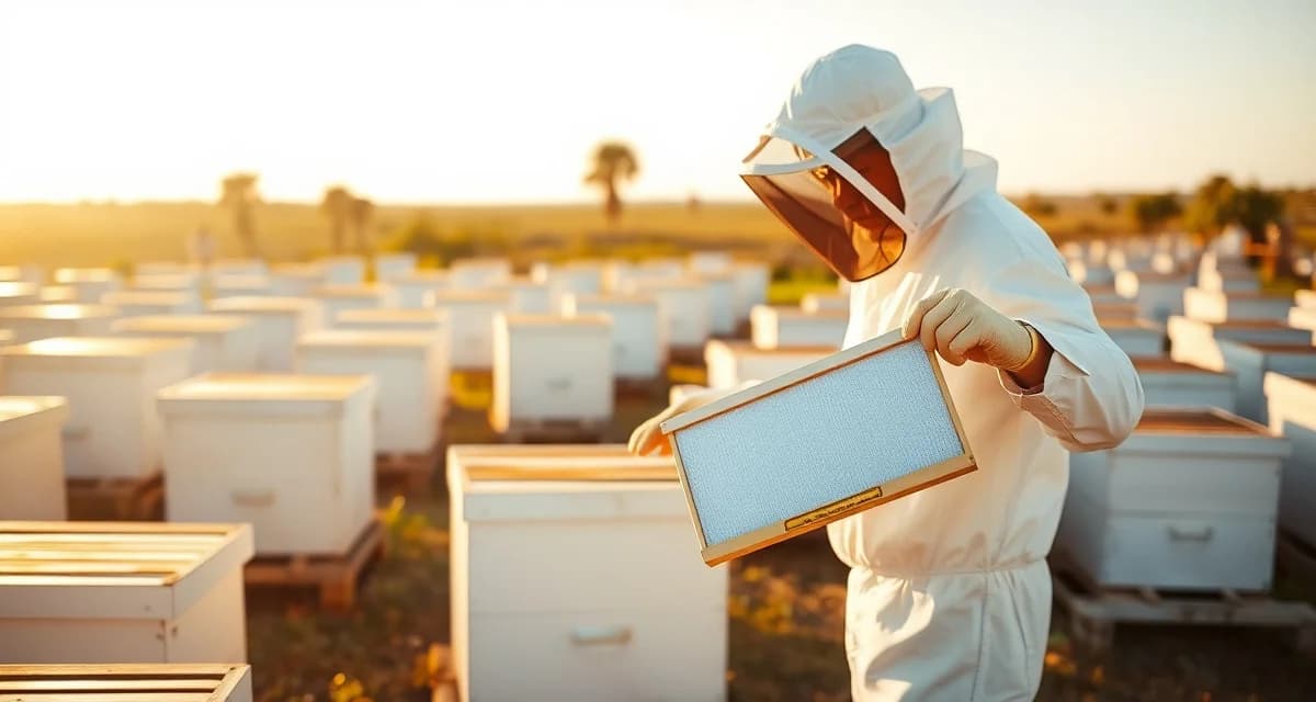 Commercial beekeeper managing varroa mites in large-scale 300-hive operation with monitoring equipment and organized hive rows