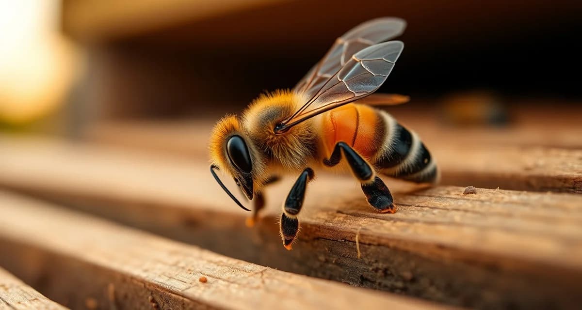 Honeybee displaying deformed wing virus symptoms with crumpled, stunted wings on hive frame indicating varroa mite infestation