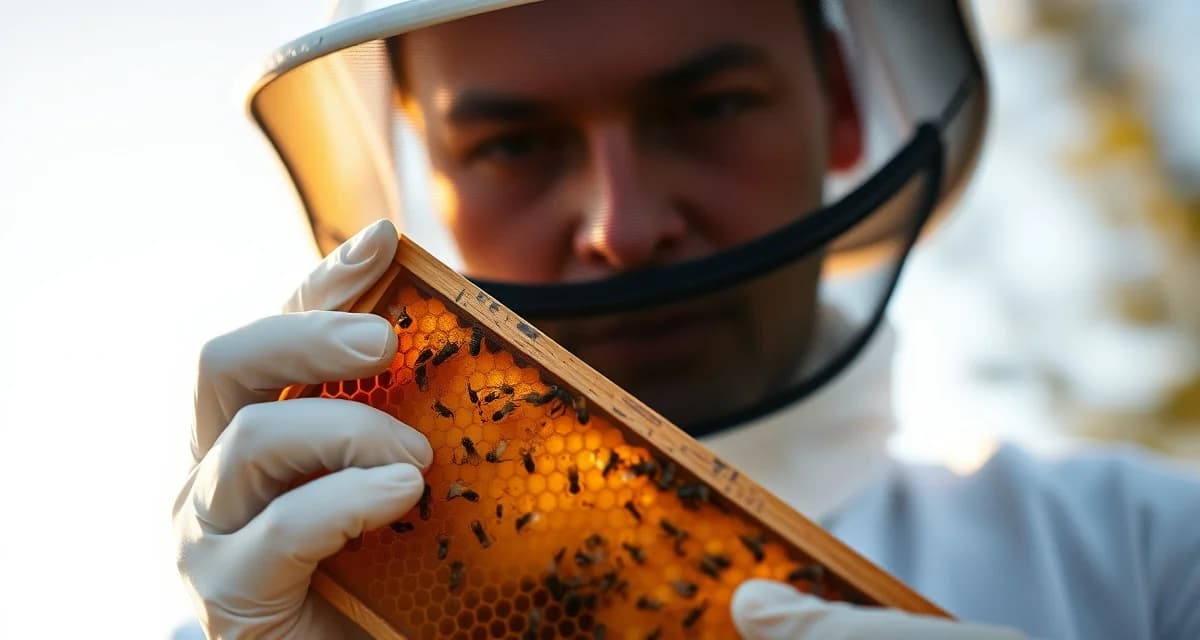 Delaware beekeeper inspecting honeycomb for varroa mites using professional hive management software tracking methods