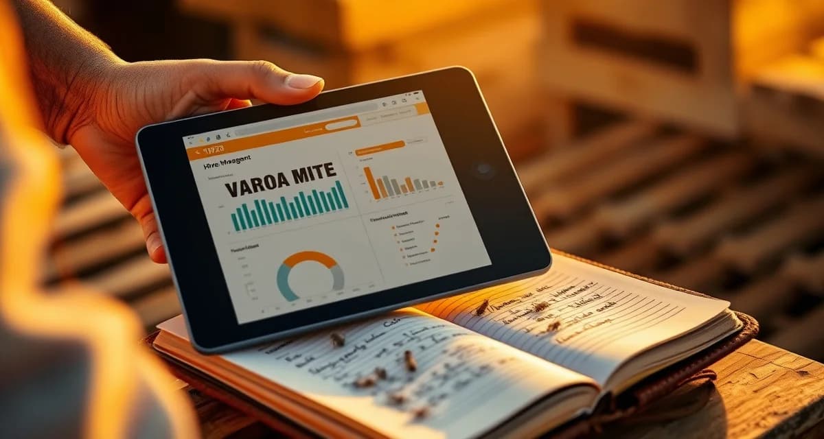 Digital tablet displaying hive management records next to handwritten beekeeping notebook, showing the comparison between traditional paper logs and digital varroa mite tracking.