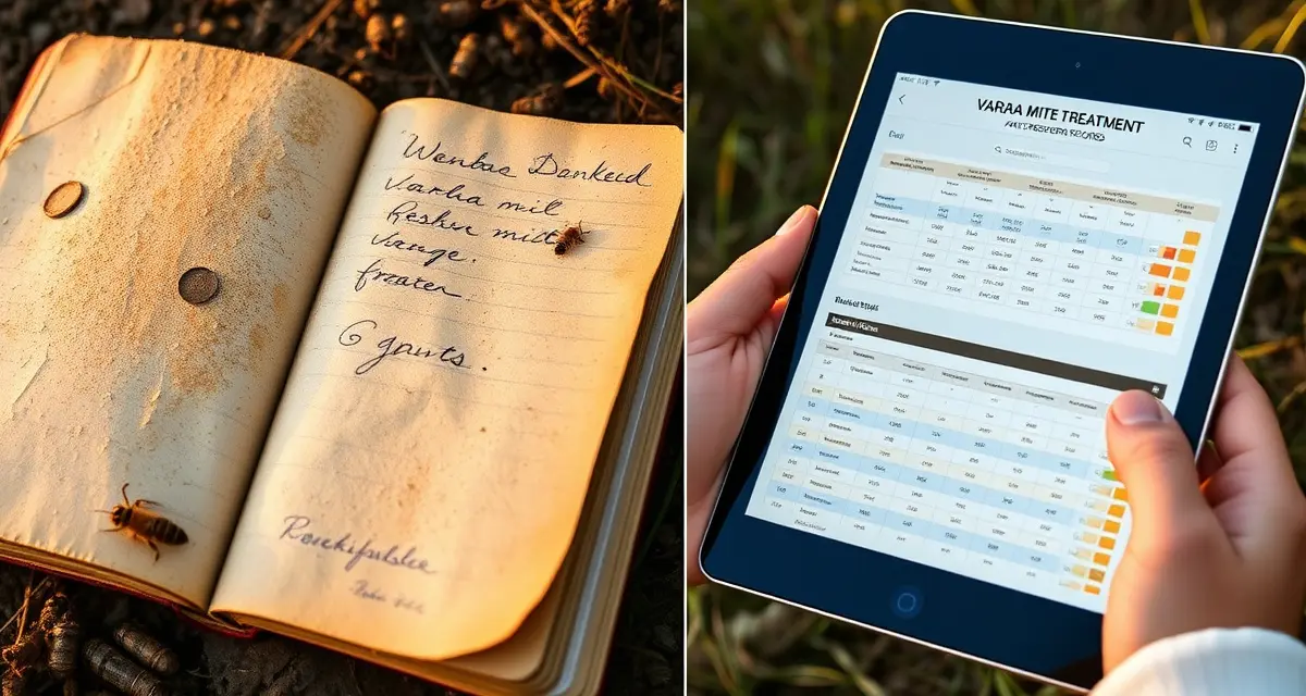 Beekeeping treatment records: weathered paper notebook versus digital VarroaVault app showing organized varroa mite tracking.