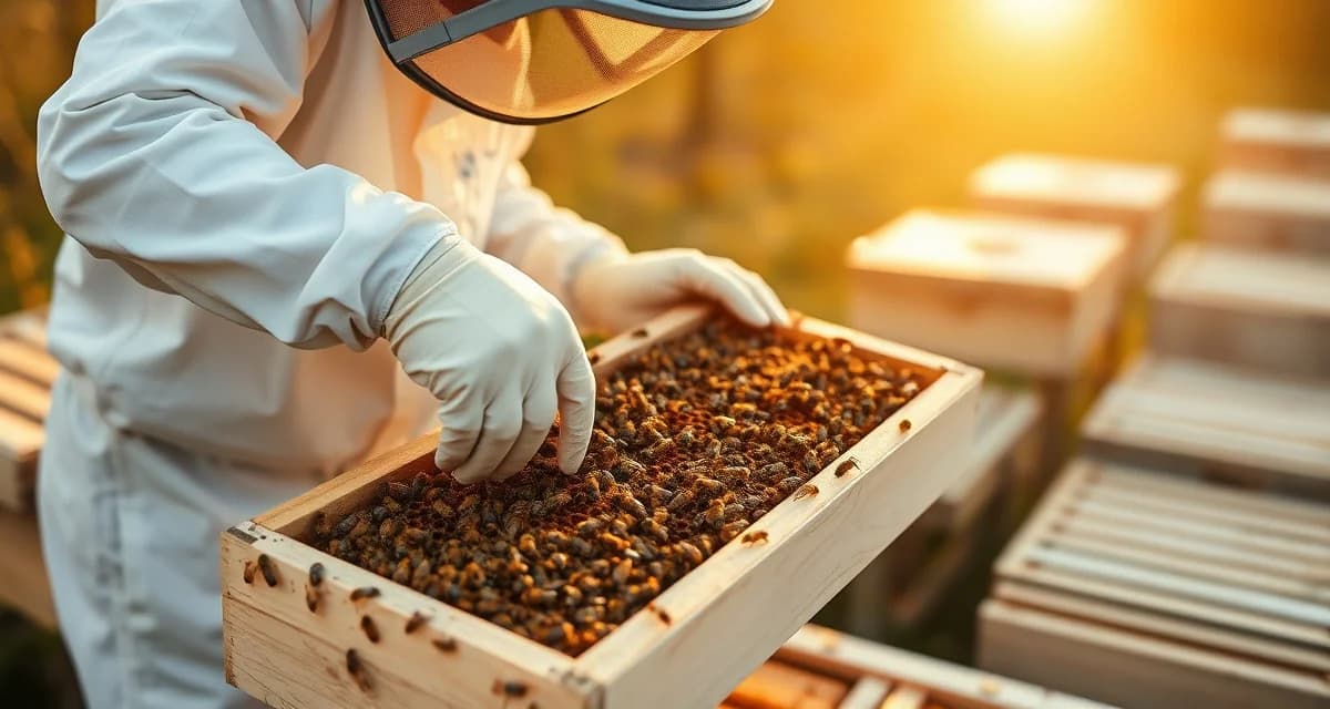 Beekeeper performing early spring varroa mite monitoring using sticky board sampling technique on hive frame during baseline inspection.