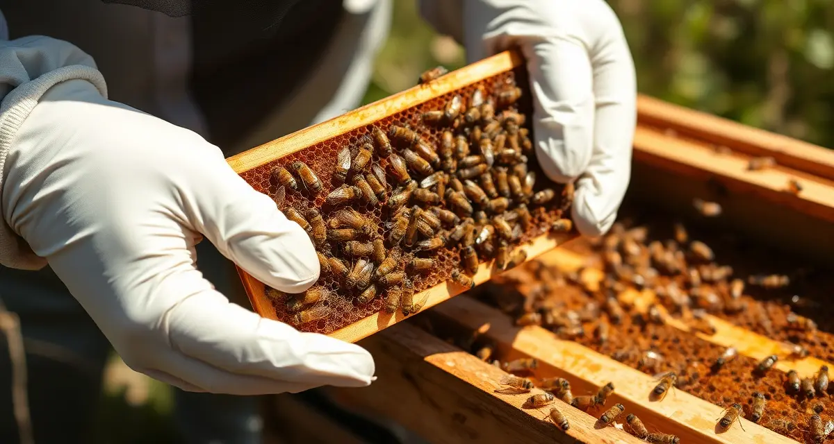 Beekeeper inspecting honeycomb frame during fall varroa treatment window in August for mite control and winter colony survival.
