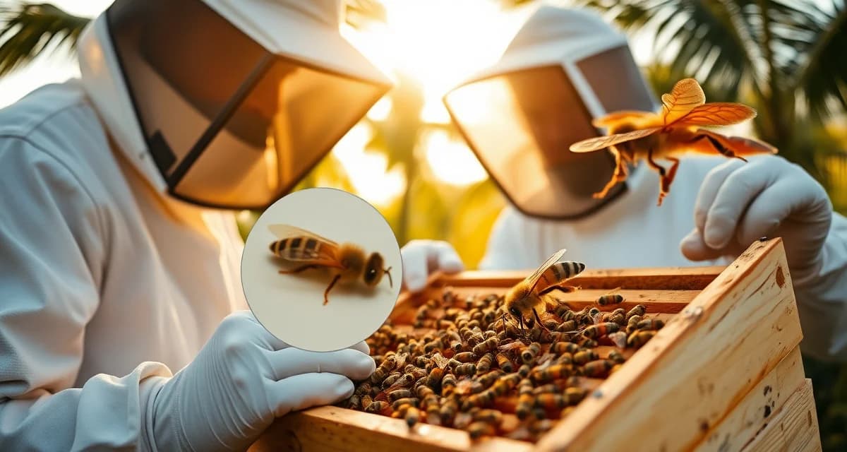 Florida beekeeper inspecting honeycomb frame for varroa mite infestation in year-round brood management