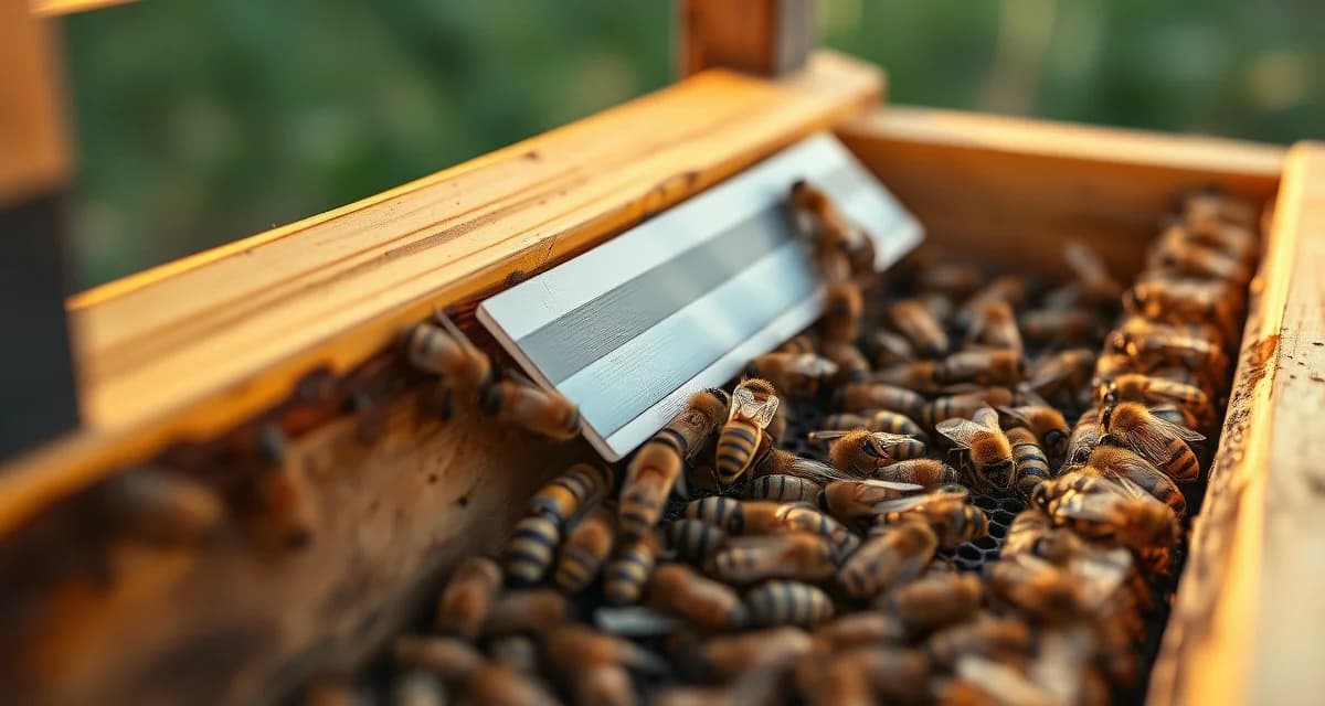 Formic acid treatment strips applied to honeybee hive frame for varroa mite control during proper temperature conditions