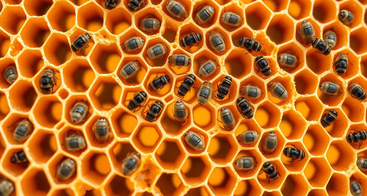 Honeycomb frame showing varroa mites on capped brood cells, demonstrating why formic acid treatment penetrates where other varroa solutions cannot reach.