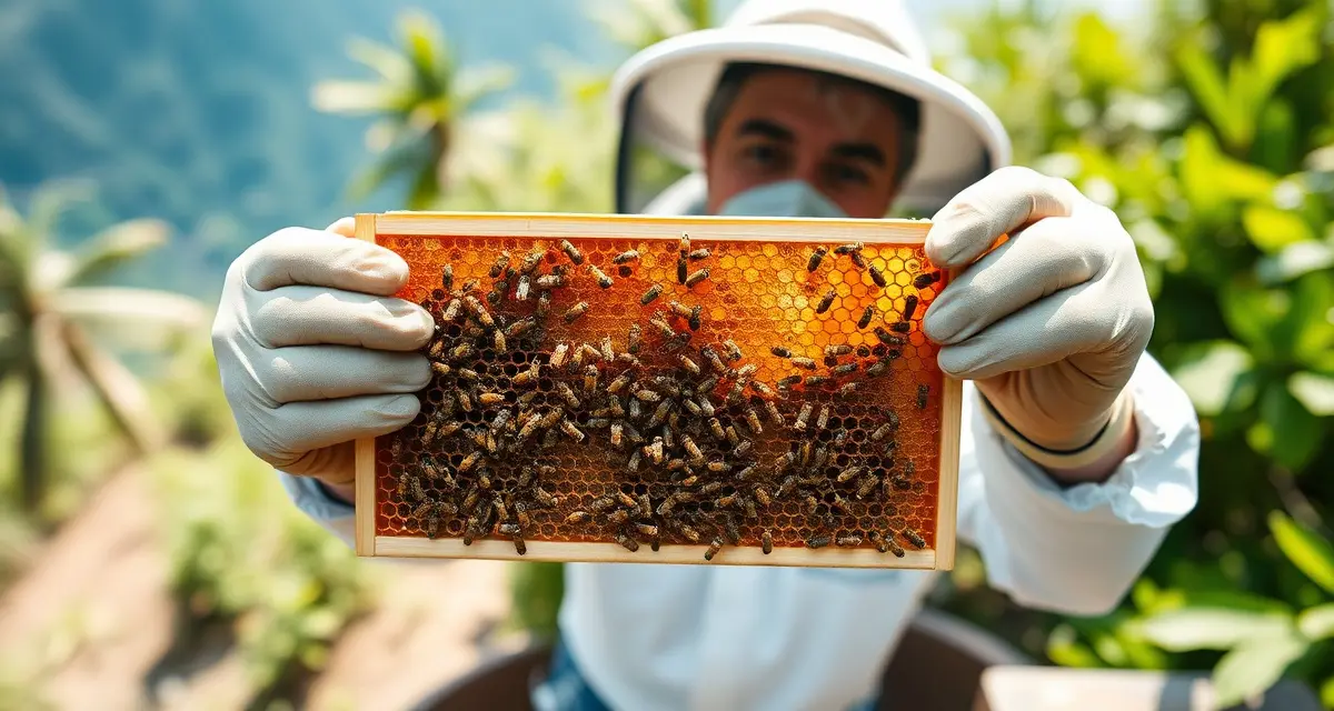 Beekeeper inspecting honeycomb frame using varroa tracking software on tablet in Hawaiian apiary.