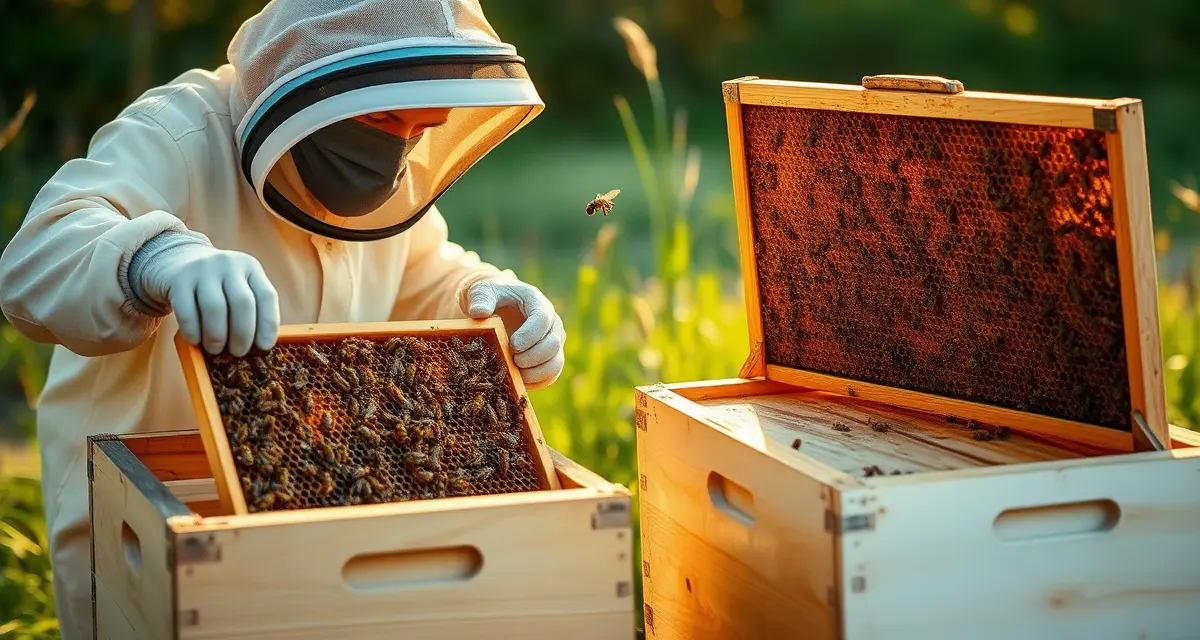 Beekeeper performing a hive split for varroa mite management, showing proper technique with two separate hive boxes