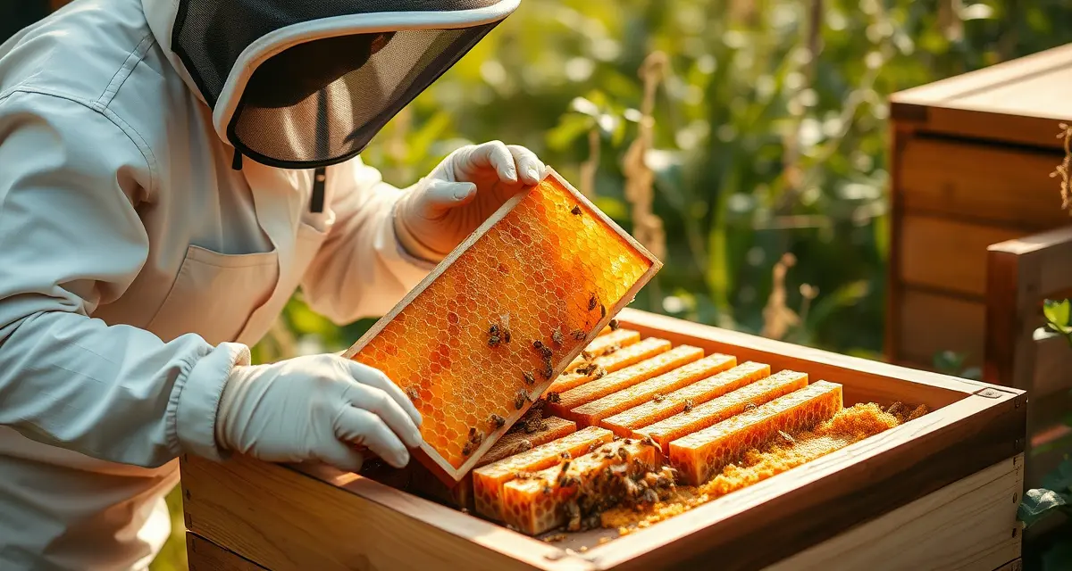 Beekeeper harvesting honey safely from hive after varroa mite treatment with proper timing and techniques