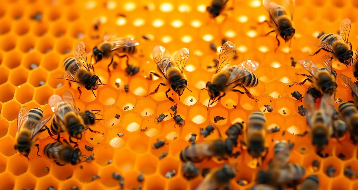 Honeybee workers demonstrating hygienic behavior by removing varroa mites from capped brood cells in a hive frame.