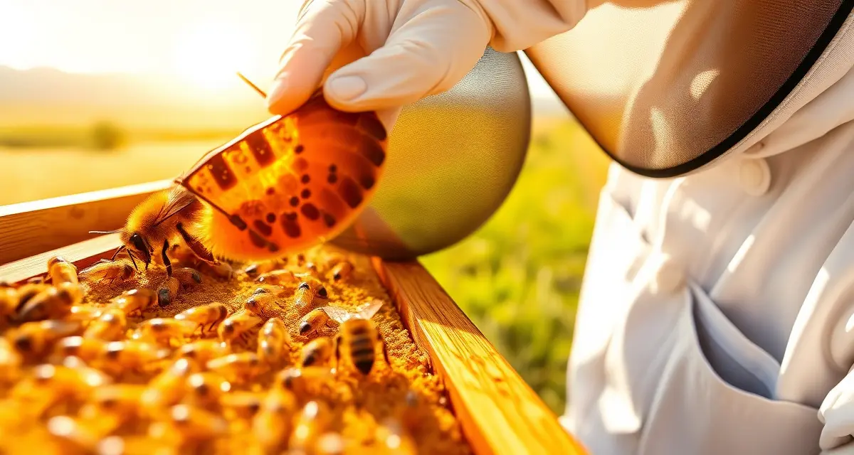 Idaho beekeeper inspecting honeycomb frame for varroa mites in Treasure Valley hive, showcasing integrated pest management techniques.