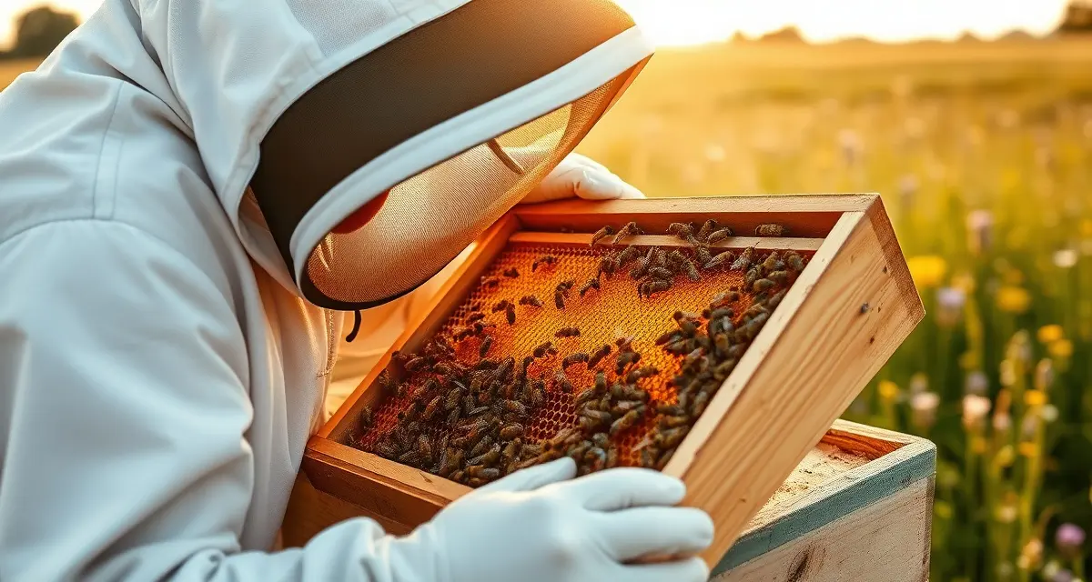 Kentucky beekeeper inspecting hive frame for varroa mites using professional beekeeping software management techniques
