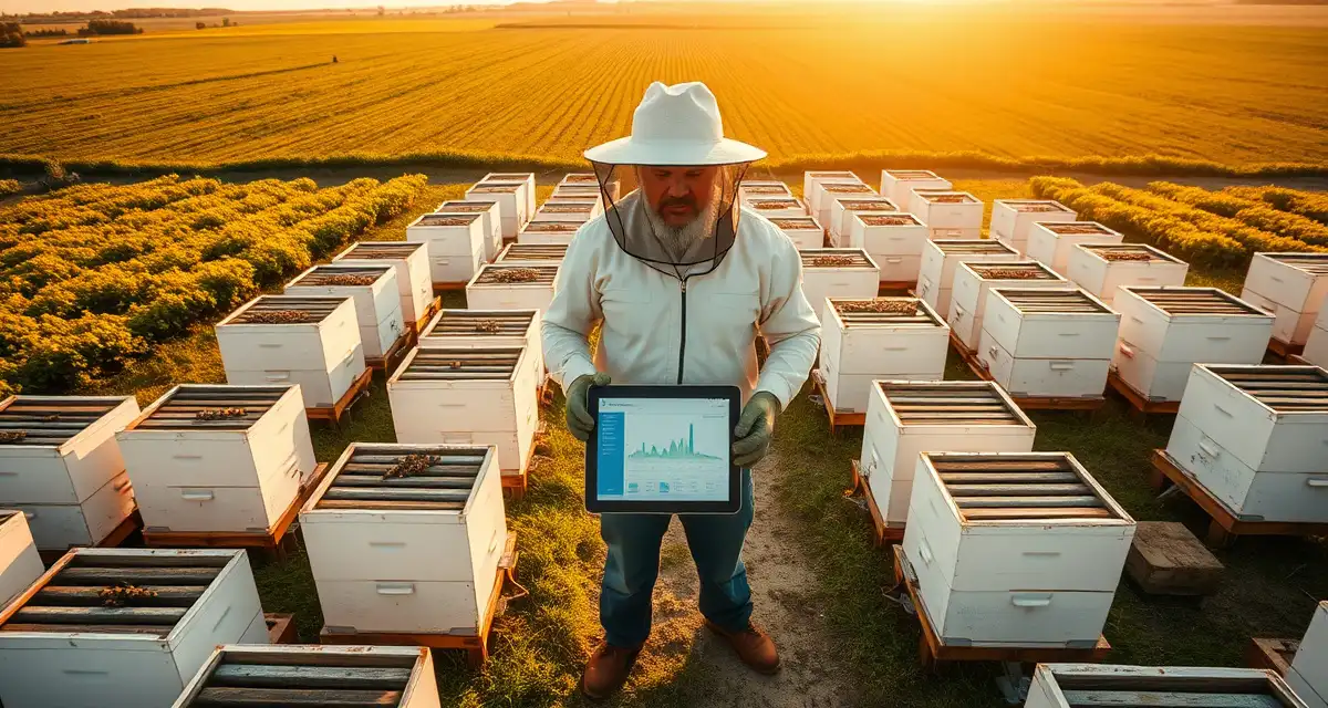 Beekeeper managing multiple apiaries using unified digital dashboard system on tablet at remote hive location