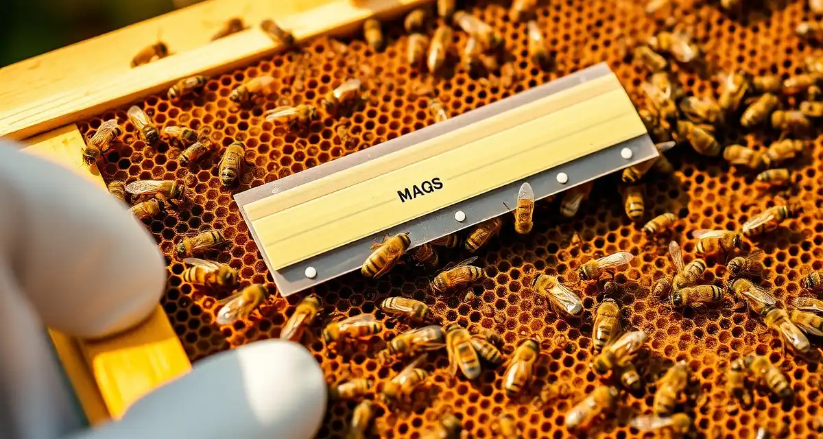 MAQS formic acid strips applied to honeybee hive frames for varroa mite treatment during honey production season