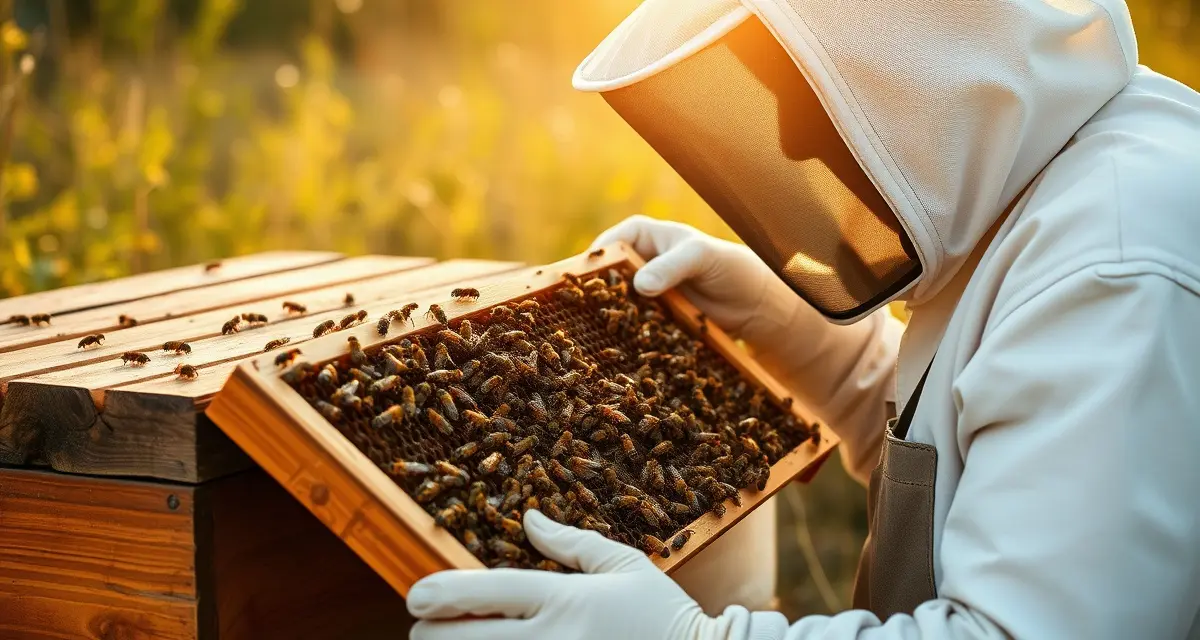 Maryland beekeeper inspecting hive frame for varroa mite tracking and treatment management during spring season