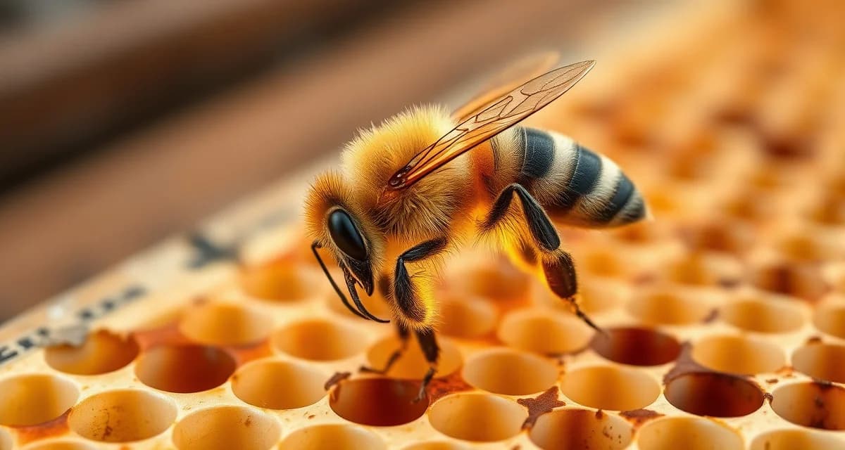 Healthy honeybee on honeycomb demonstrating varroa-resistant genetics and colony strength through natural selection and breeding practices.