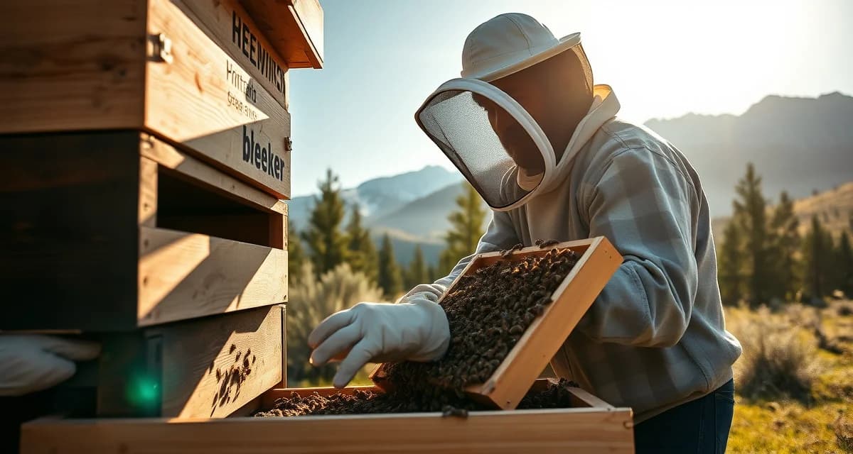 Montana beekeeper inspecting hive frame for varroa mites during short beekeeping season with mountain landscape background
