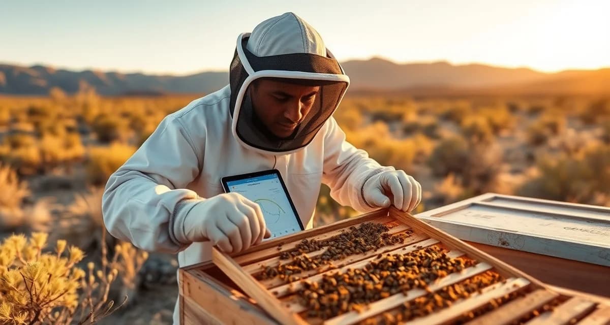 Nevada beekeeper using VarroaVault software to track varroa mites on hive inspection with desert mountains backdrop