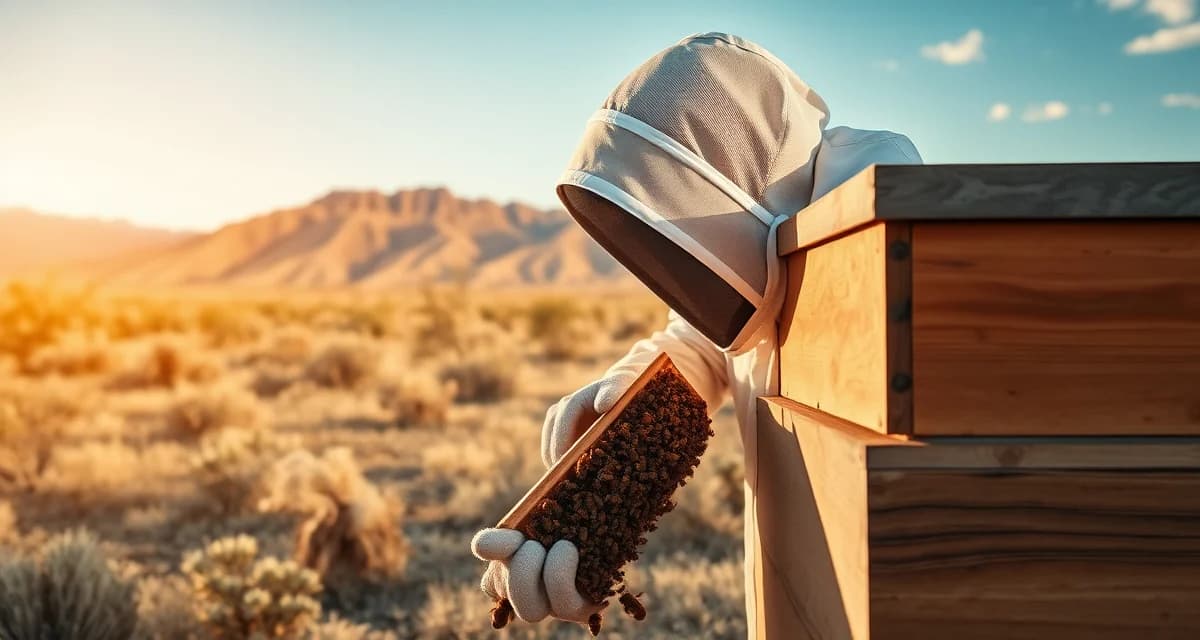 Beekeeper inspecting hive in New Mexico desert during hot summer, demonstrating varroa mite treatment challenges in high temperatures.