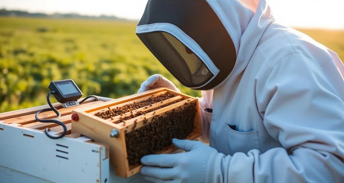 Oregon beekeeper inspecting honeycomb frame for varroa mite tracking during year-round brood season in Willamette Valley