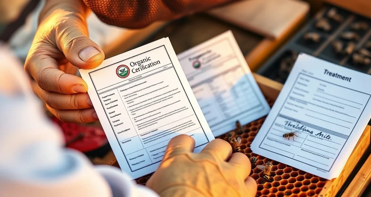 Beekeeper reviewing organic certification compliance documents with varroa treatment guidelines and record-keeping notes for hive management
