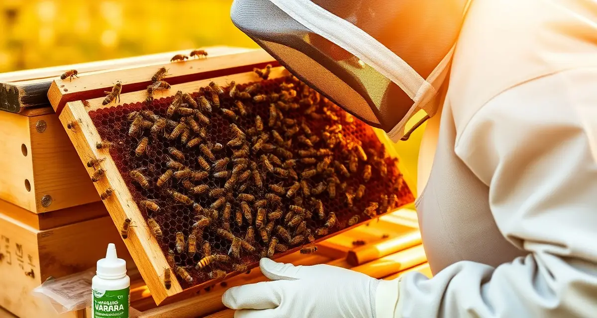 Organic varroa treatment application on honeybee hive frame during inspection with approved organic substances