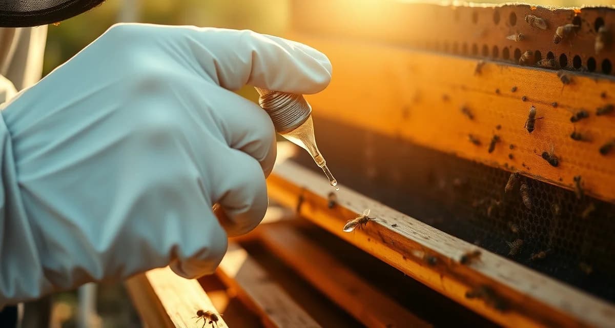 Beekeeper demonstrating proper oxalic acid dribble application technique on honeybee frame for varroa mite treatment