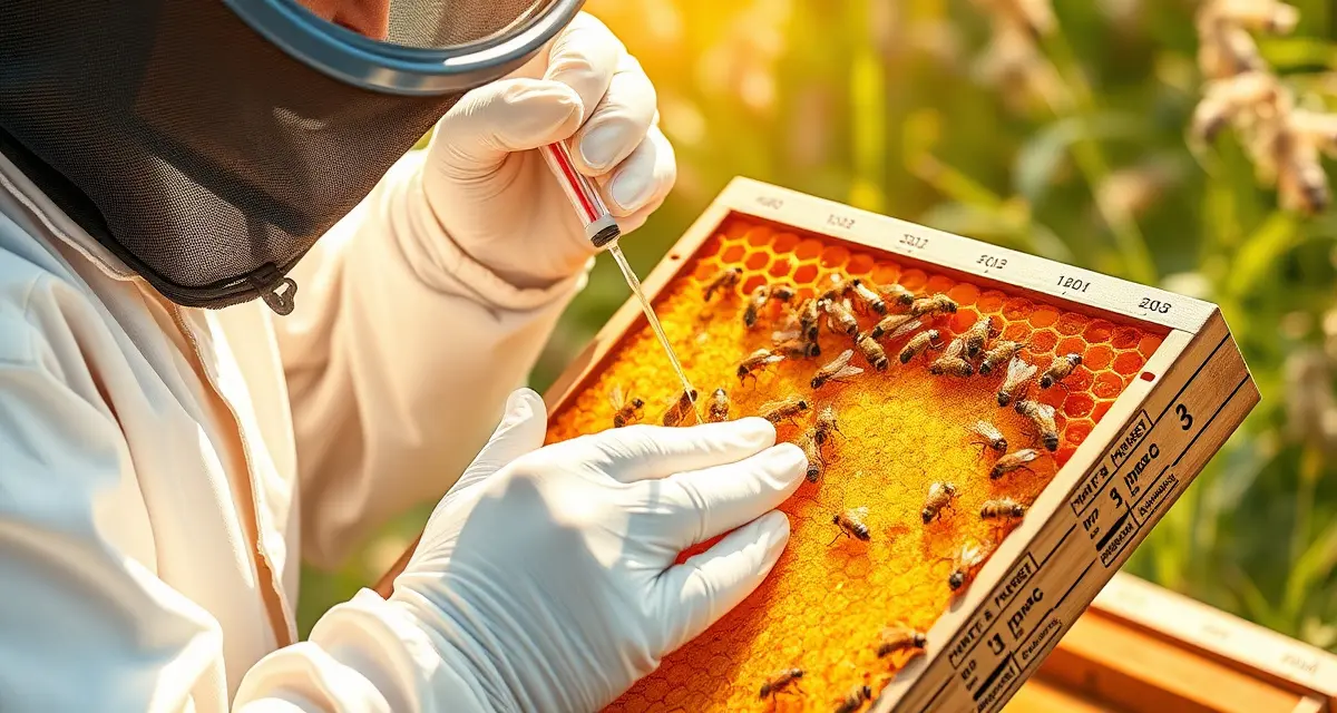 Beekeeper applying oxalic acid dribble solution to honeycomb frame for varroa mite treatment with proper dosage measurement