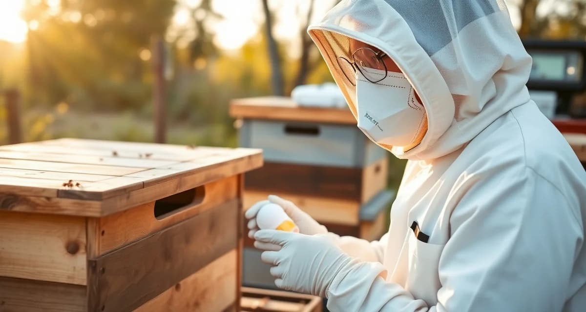 Beekeeper wearing full PPE including respiratory mask and gloves while safely handling oxalic acid for varroa mite treatment
