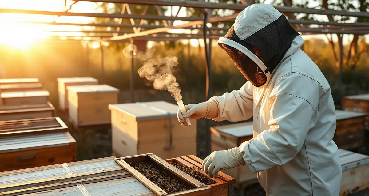 Beekeeper performing oxalic acid vaporization treatment on hive with tracking documentation for varroa mite management