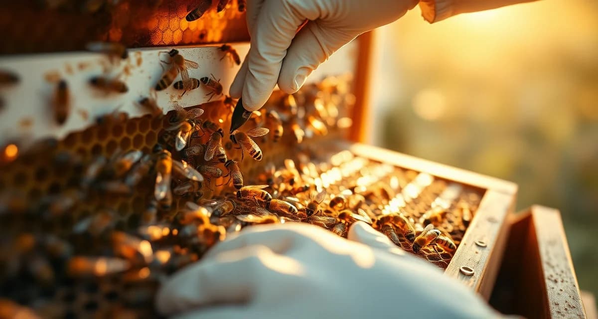 Beekeeper applying oxalic acid varroa mite treatment to honeycomb frame with bees visible, comparing vaporization and dribble methods