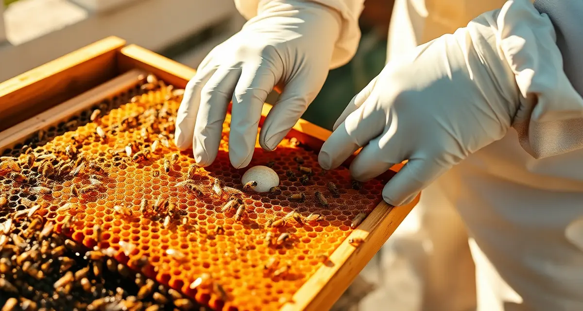 Beekeeper applying oxalic acid varroa mite treatment to honeycomb frame during hive inspection and management