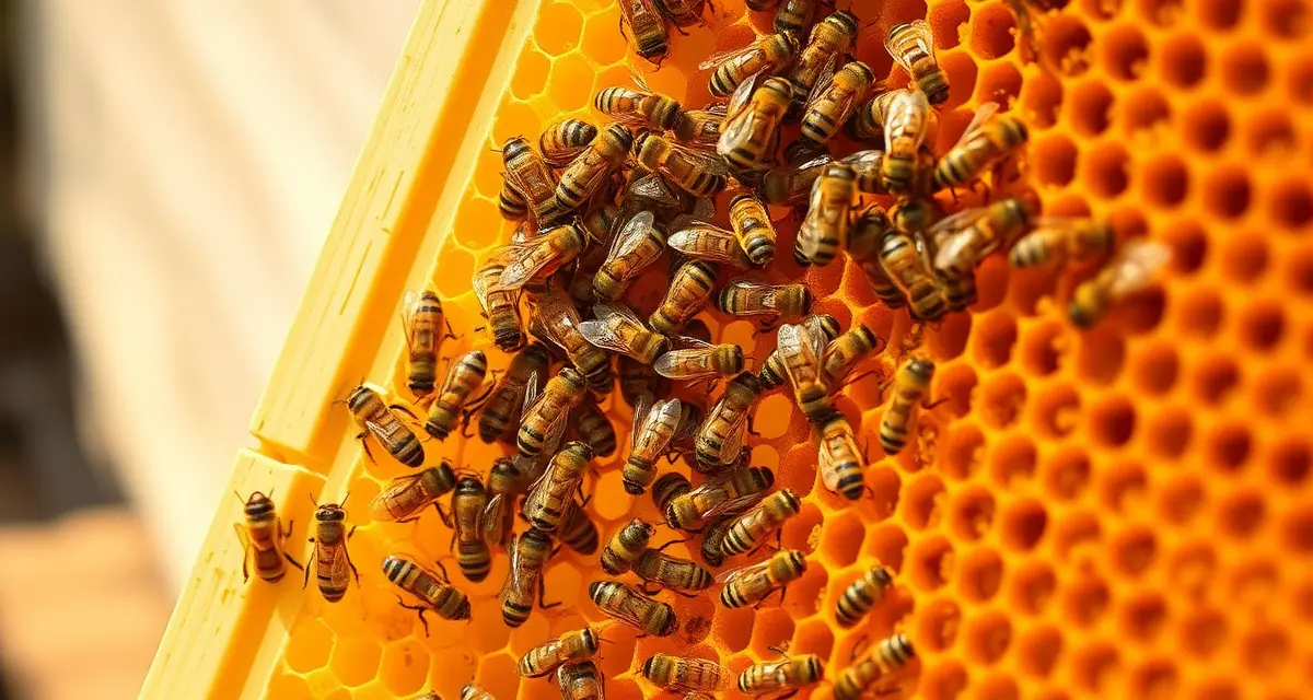 Package bees on honeycomb frame showing varroa mite infestation management in new hive installations