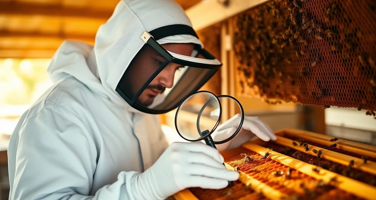 Beekeeper inspecting honeycomb frames for varroa mite treatment compliance and harvest safety guidelines